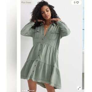 Anthropologie Pilcro Deanne Sage Green Tiered Shirt Dress Medium